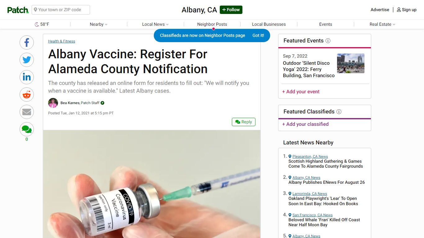 Albany Vaccine: Register For Alameda County Notification